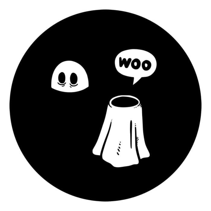 A hand-drawn image of a ghost in a black circle - its head has come off and is floating alongside, and the neck-hole is saying 